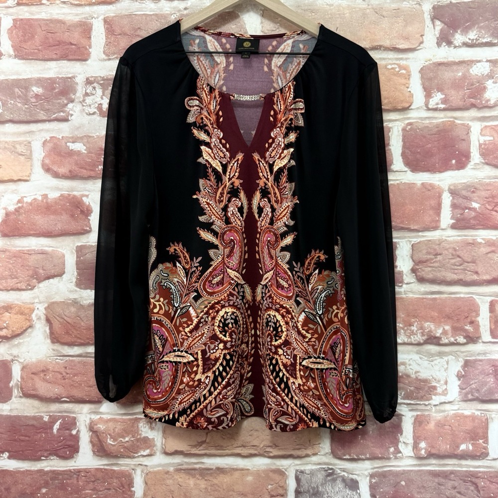 JM Collection Top Womens Large Black Multicolor Boho Paisley Sheer Sleeve Shirt
